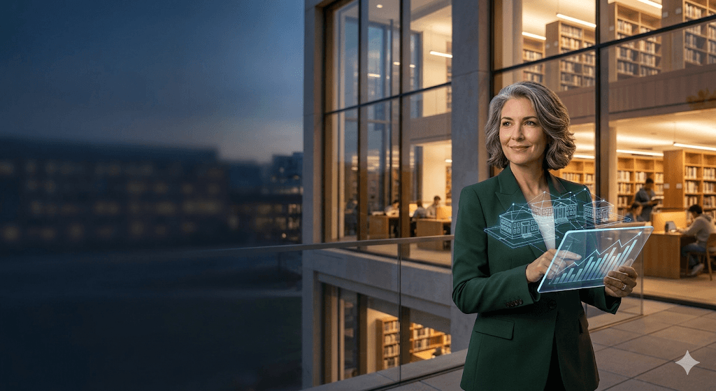 Finance advisor in a green blazer holding a tablet projecting holographic building and chart graphics on a library balcony at dusk